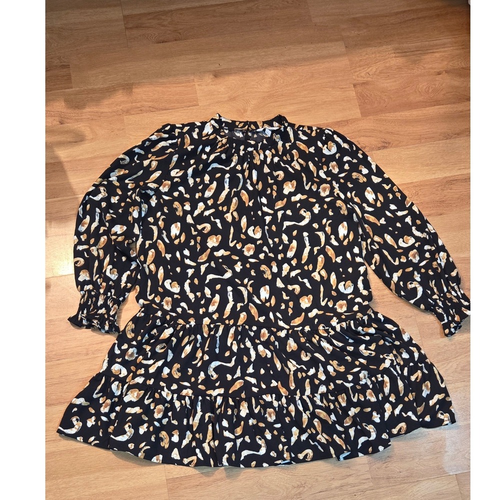 Nine West Womens Black Abstract Animal Print Tiered Ruffle Mini Dress Large